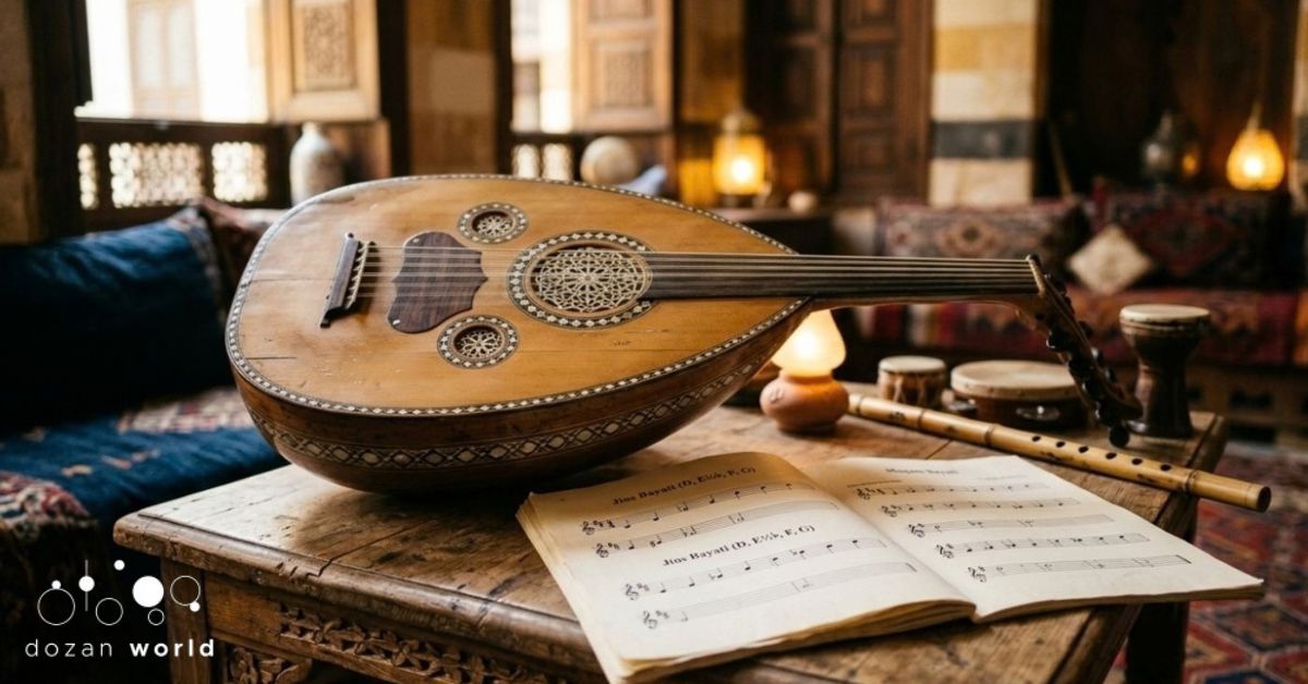 Oud and open Arabic sheet music with Maqam Bayati notation on a traditional wooden table