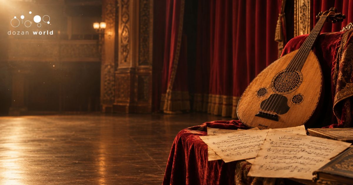 Sayed Darwish era oud and Arabic music manuscript on a vintage Egyptian theatre stage