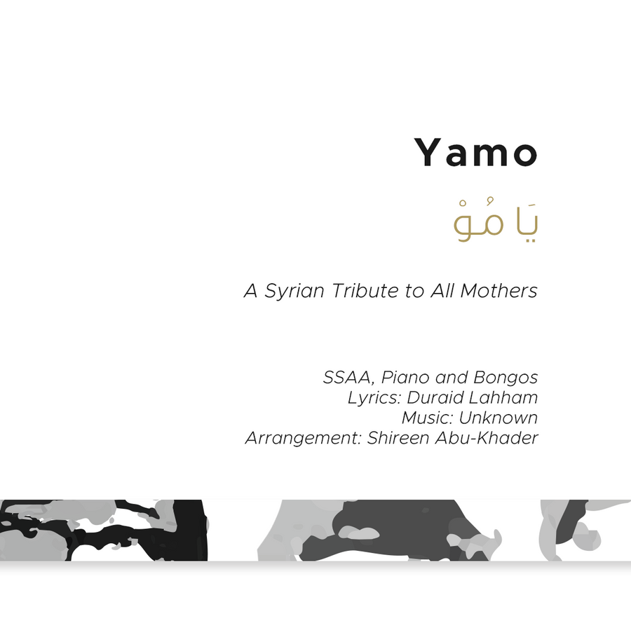 Yamo' with a Syrian tribute to all mothers, showing the Yamo logo in gold and text indicating it's an SSSA arrangement for piano and percussion with lyrics by Durai'd Lahham and arranged by Sheren Abu Khalid.