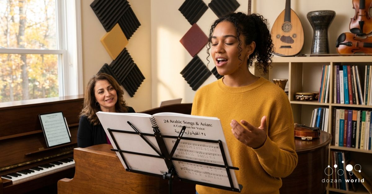 Voice student singing from 24 Arabic Songs and Arias sheet music with piano teacher