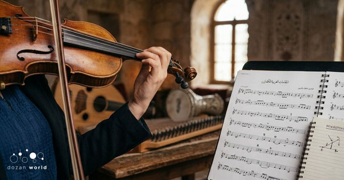 Violinist playing Arabic maqam music with microtonal sheet music notation and Middle Eastern instruments in the background