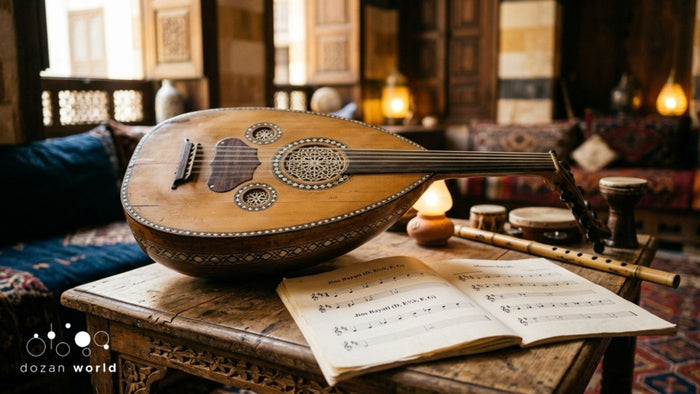 Oud and open Arabic sheet music with Maqam Bayati notation on a traditional wooden table