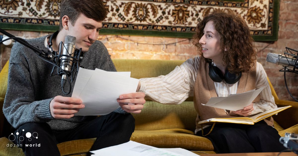 Two singers reviewing Middle Eastern choral sheet music together with microphones and headphones, Dozan World