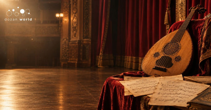 Sayed Darwish era oud and Arabic music manuscript on a vintage Egyptian theatre stage