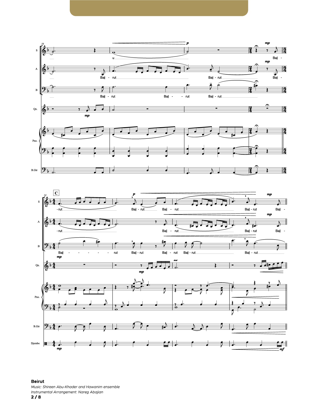 Beirut_SAB _Qanun_Piano_Bass Guitar_Djembe (Conductor Score)
