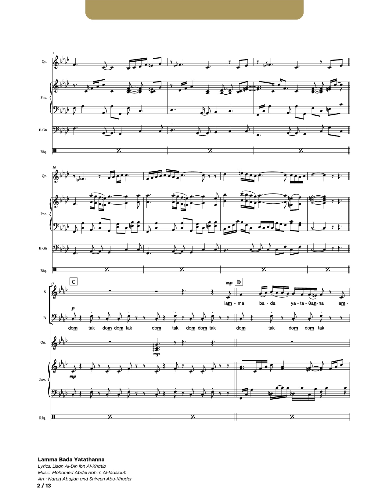 Lamma Bada Yatathanna_SAB_Qanun_Piano_Bass Guitar_Riq (Conductor Score)