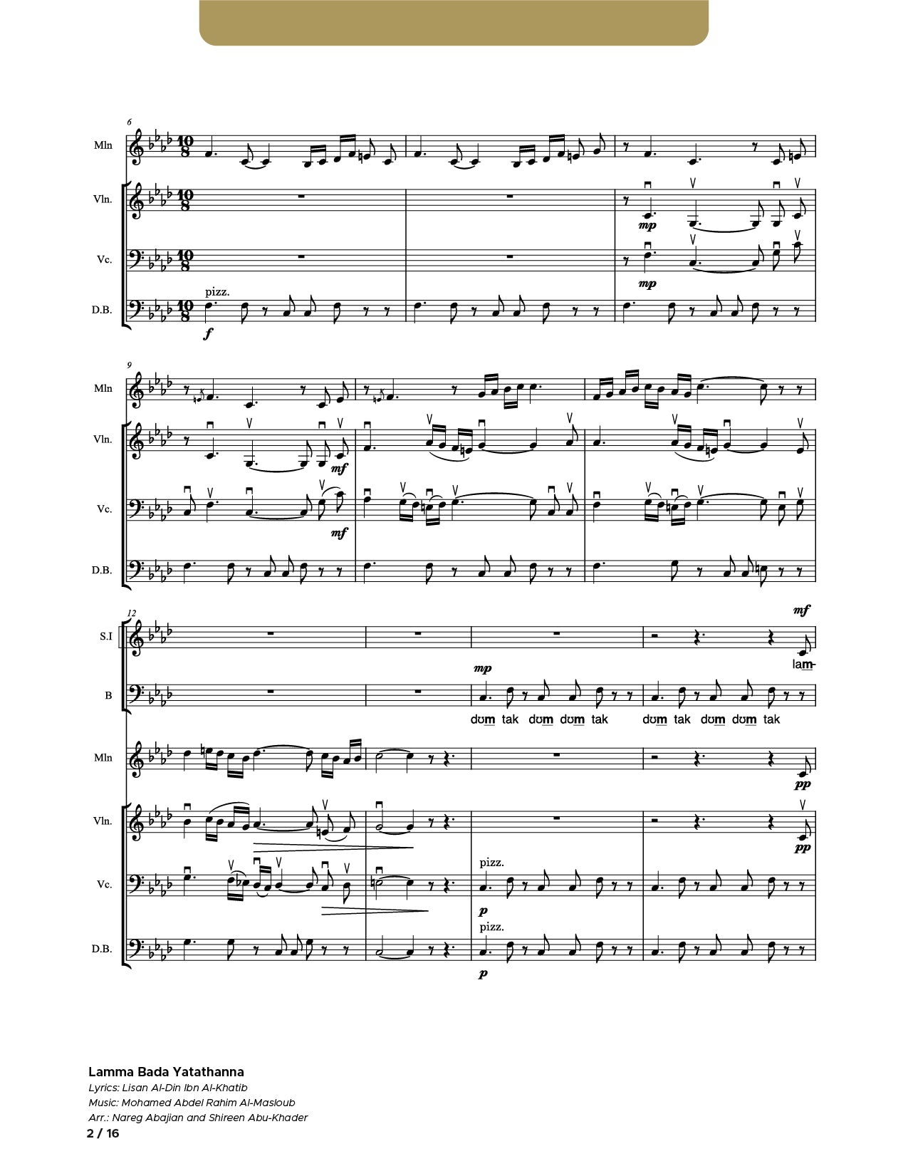 Lamma Bada Yatathanna_SSATB_Mandolin_Violin_Cello_Double Bass (Conductor Score)