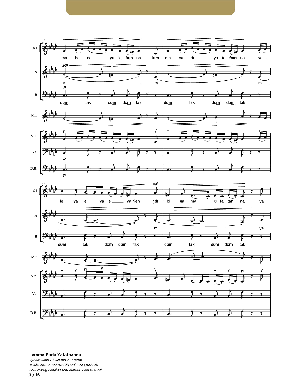 Lamma Bada Yatathanna_SSATB_Mandolin_Violin_Cello_Double Bass (Conductor Score)